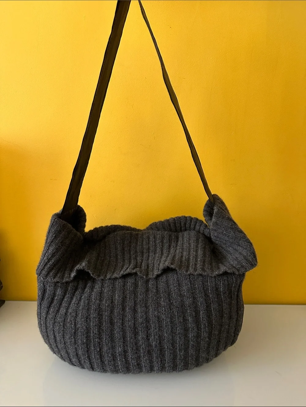 Darzzi Leather and Gray Lambswool Ribbed Knit Hobo Bag Slouchy Oversized Sling